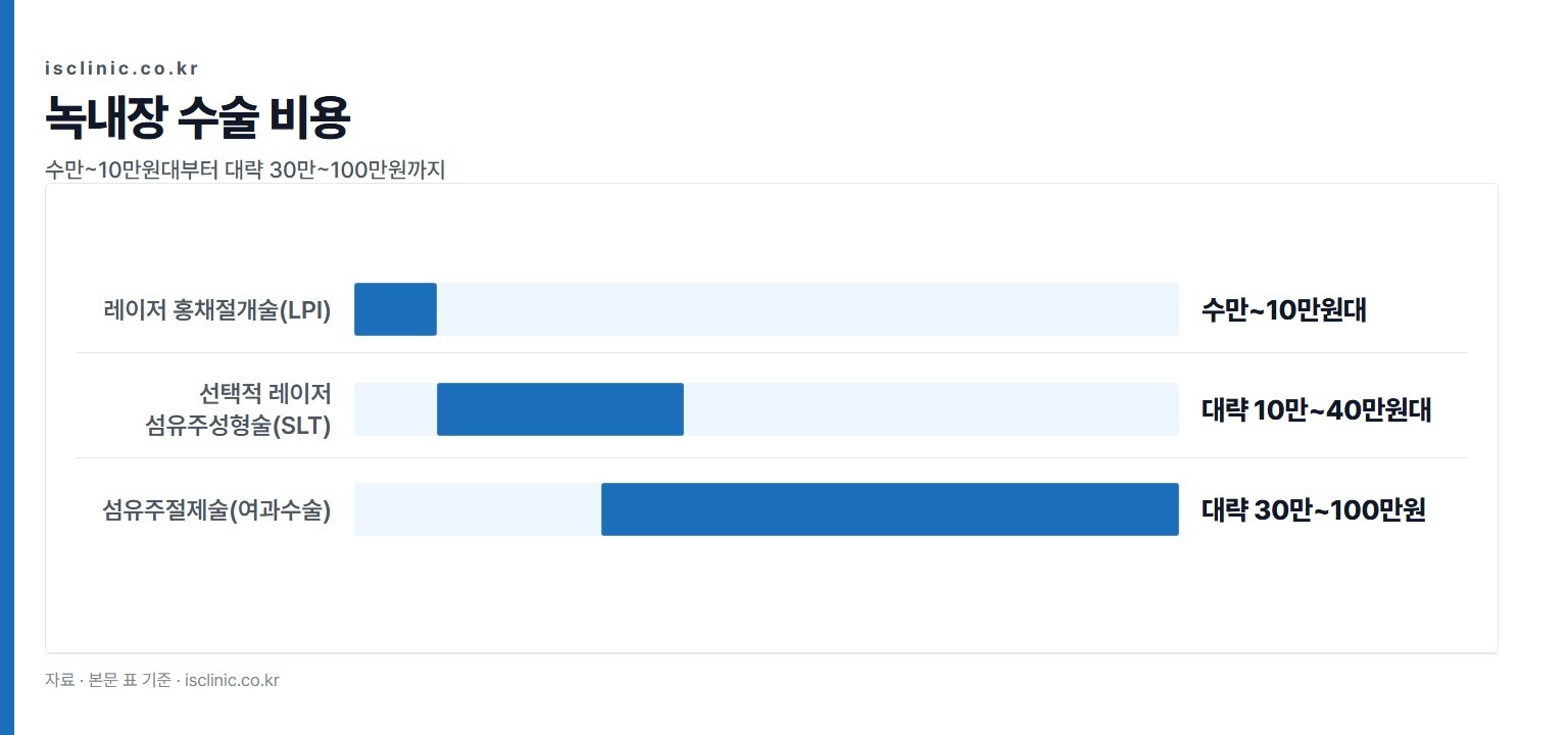 녹내장 수술 비용 금액 비교. 레이저 홍채절개술(LPI) 수만~10만원대부터 섬유주절제술(여과수술) 대략 30만~100만원까지