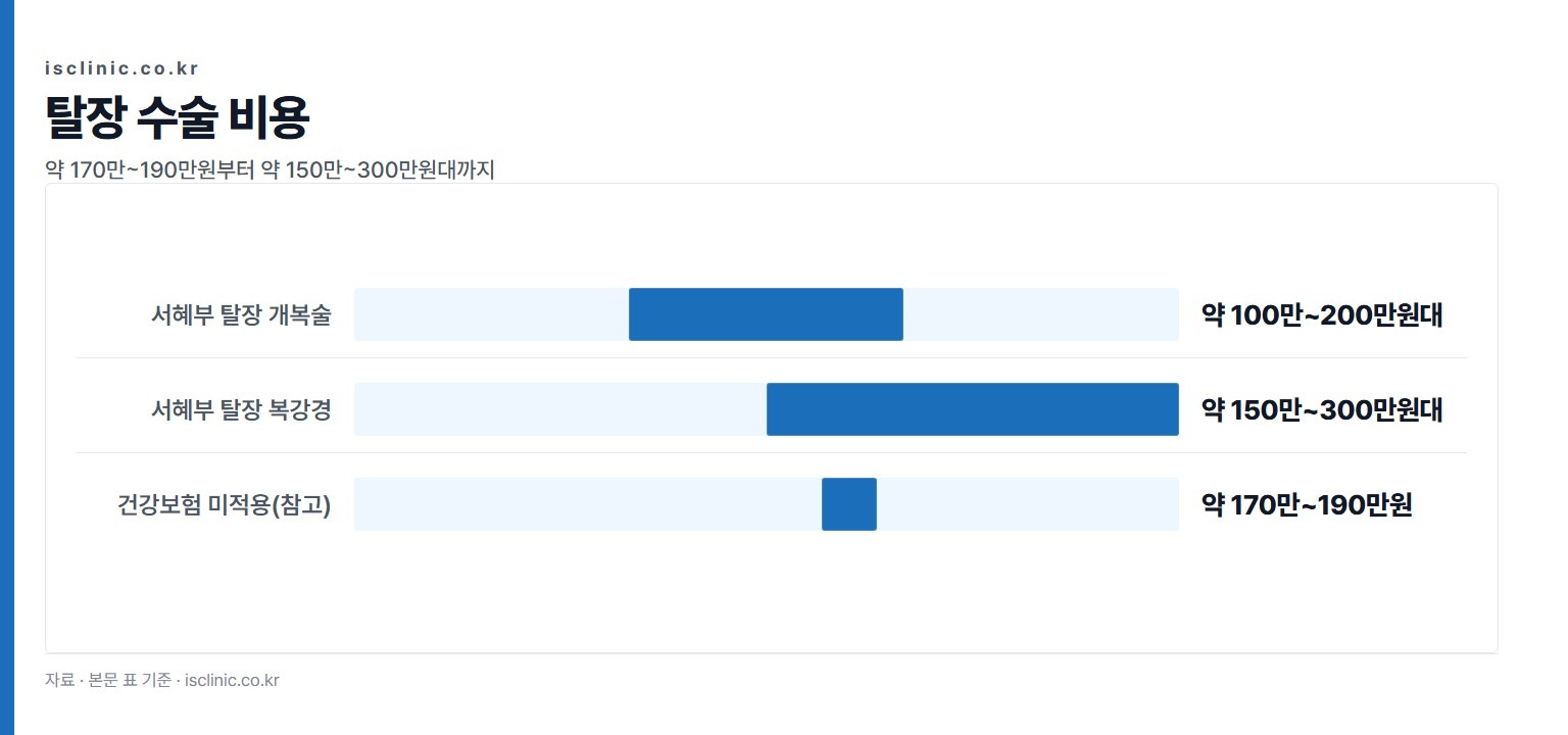 탈장 수술 비용 금액 비교. 건강보험 미적용(참고) 약 170만~190만원부터 서혜부 탈장 복강경 약 150만~300만원대까지