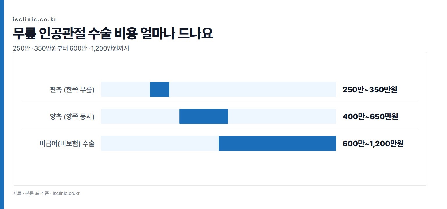 무릎 인공관절 수술 비용 얼마나 드나요 금액 비교. 편측 (한쪽 무릎) 250만~350만원부터 비급여(비보험) 수술 600만~1,200만원까지