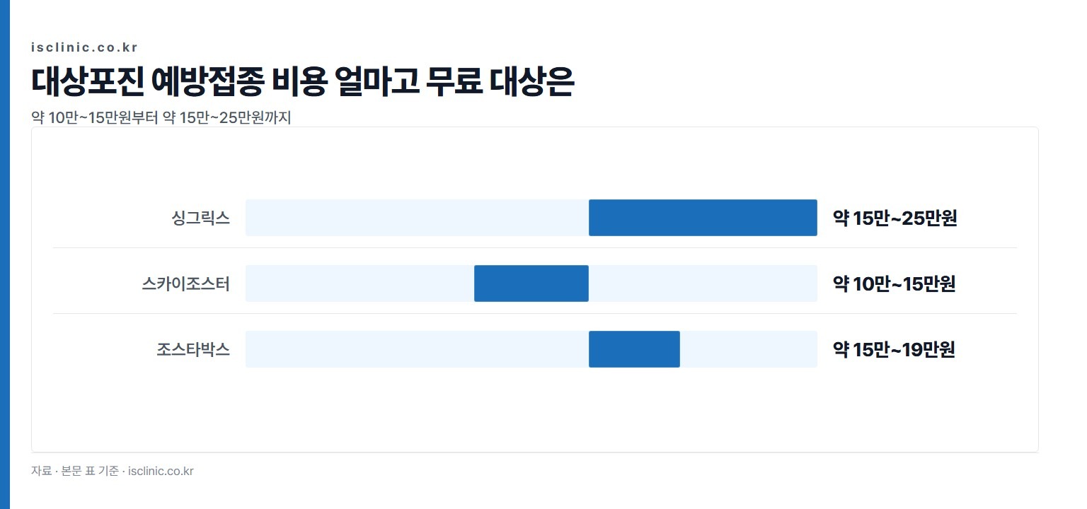 대상포진 예방접종 비용 얼마고 무료 대상은 금액 비교. 스카이조스터 약 10만~15만원부터 싱그릭스 약 15만~25만원까지