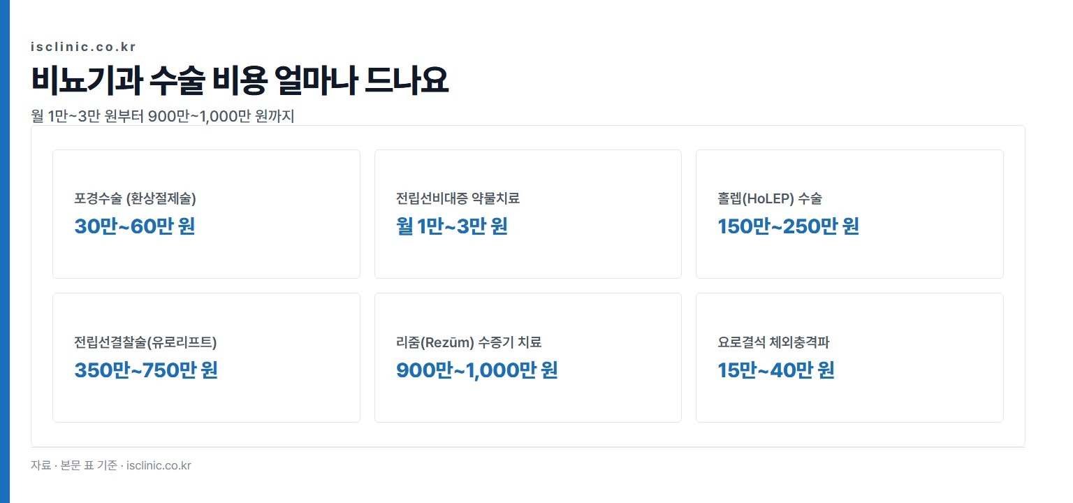 비뇨기과 수술 비용 얼마나 드나요 금액 비교. 전립선비대증 약물치료 월 1만~3만 원부터 리줌(Rezūm) 수증기 치료 900만~1,000만 원까지