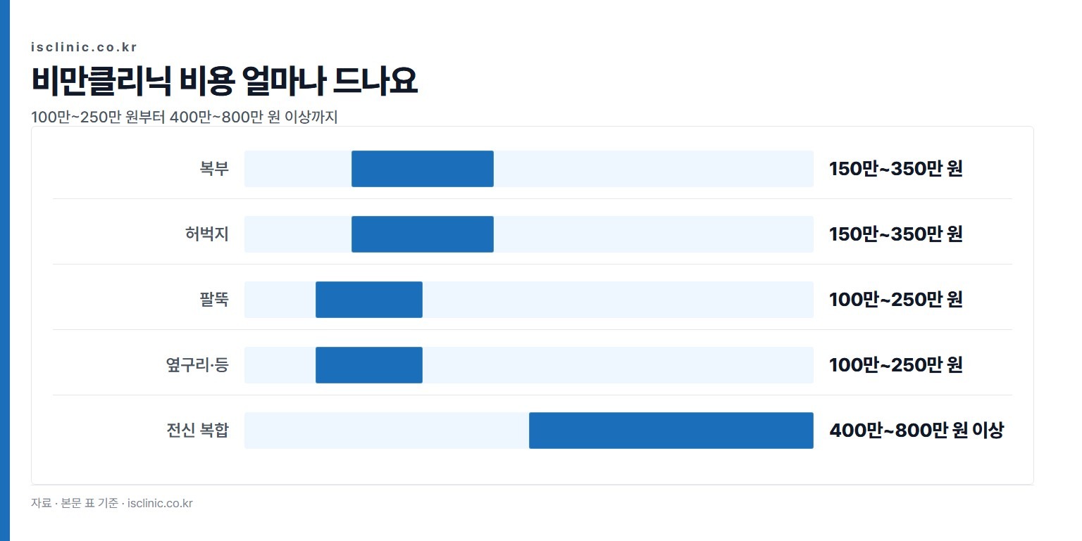 비만클리닉 비용 얼마나 드나요 금액 비교. 팔뚝 100만~250만 원부터 전신 복합 400만~800만 원 이상까지